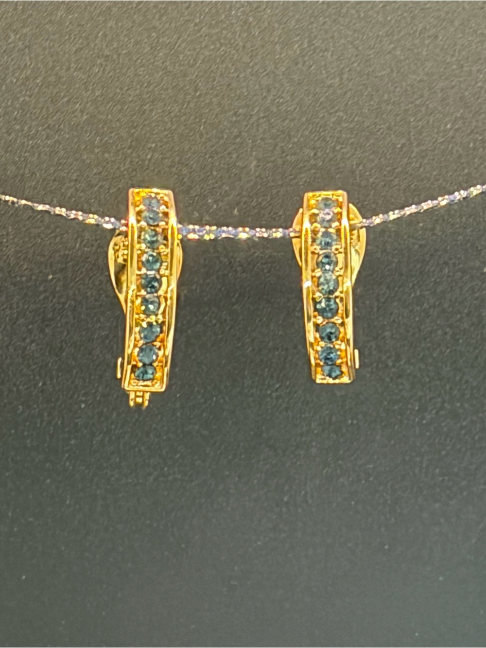 Vintage Monet Blue Rhinestone Gold Tone Half Hoop Clip On Earrings